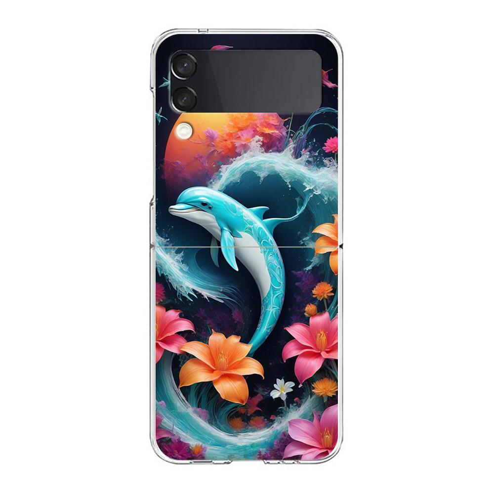 Phone Cover For Samsung Galaxy Z Flip 7 6 5 4 Case Transparent For Samsung Z Flip 3 Hard PC Shell Ocean Cute Dolphin Sea Turtle