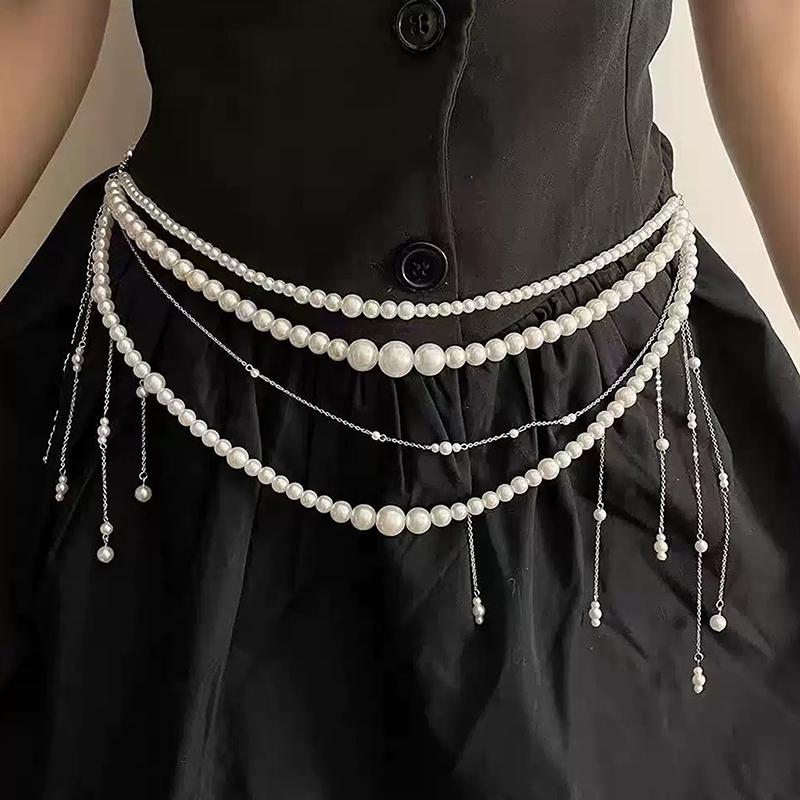 Flower Pearl Tassel Necklace Ladies Sexy Pearl Multi-Layer Body Chain Elegant Waist Chain For Beach Outfit  Accessory