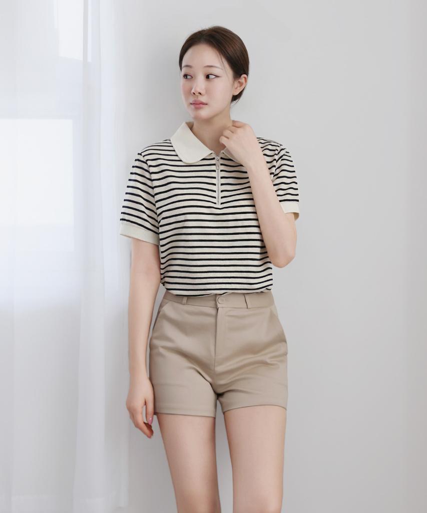 Keulleiseu Js Zip-Up Collared Short Sleeve T-Shirt_Pink