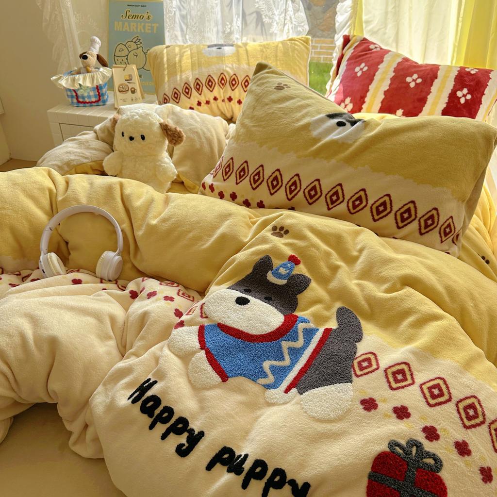 Thickened Milk Fleece Bed Four-Piece Set Coral Flannel Surface Towel Embroidered Quilt Cover Bed Sheet Three-Piece Bedding