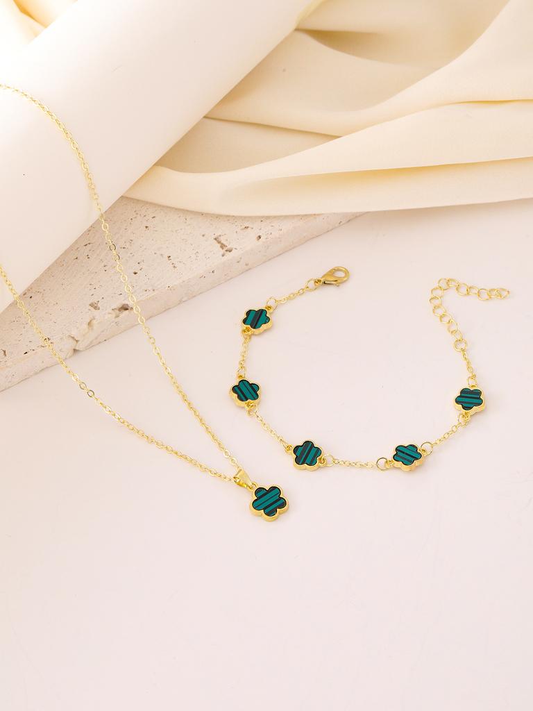 2-teiliges Glücksklee-Zirkon-Set für Damen, Mode-Blumenarmband + Halskette, Geburtstag, Ann