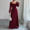 Women's Square Neck Lace Long Sleeve Fitted Waist Split Formal Dress