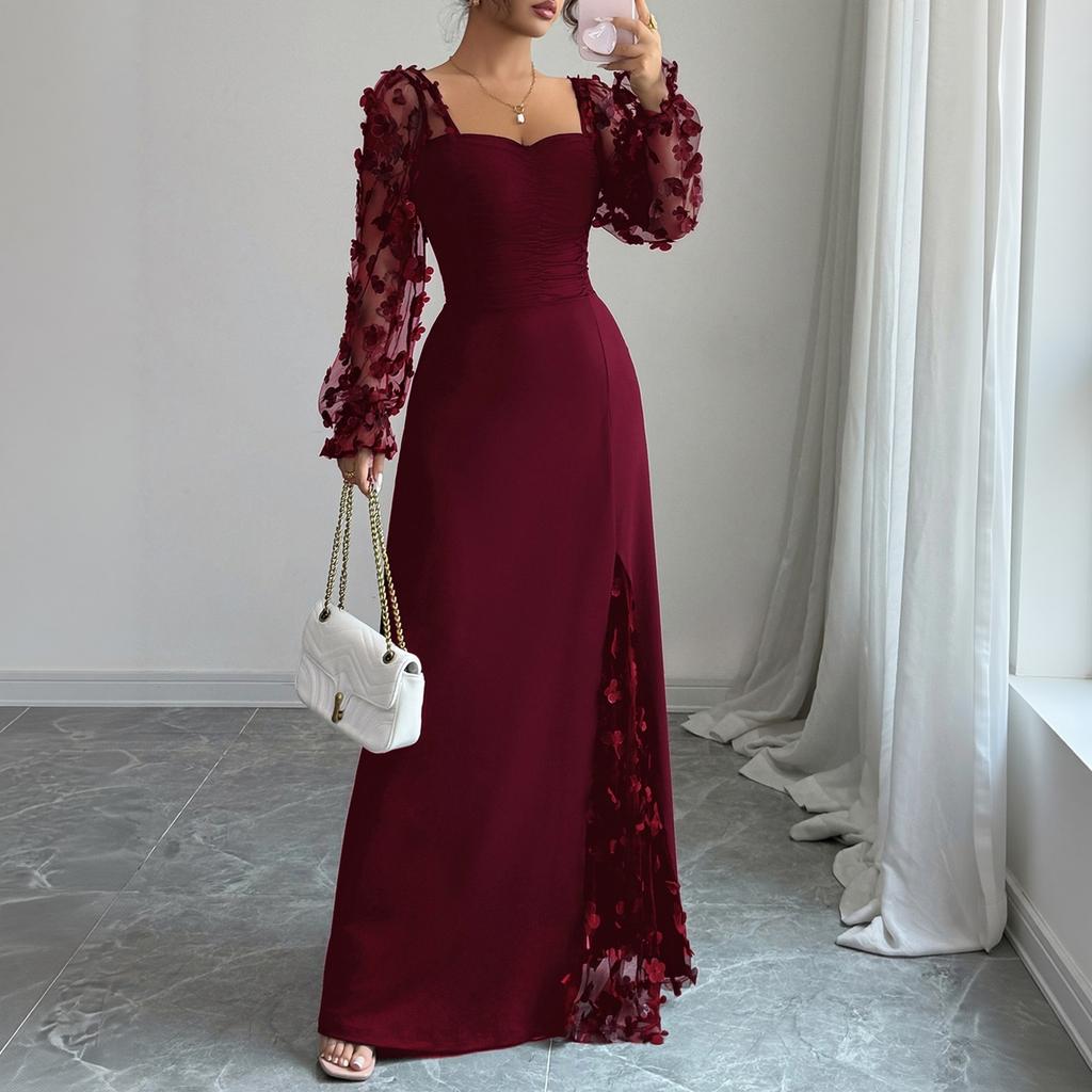 Women's Square Neck Lace Long Sleeve Fitted Waist Split Formal Dress