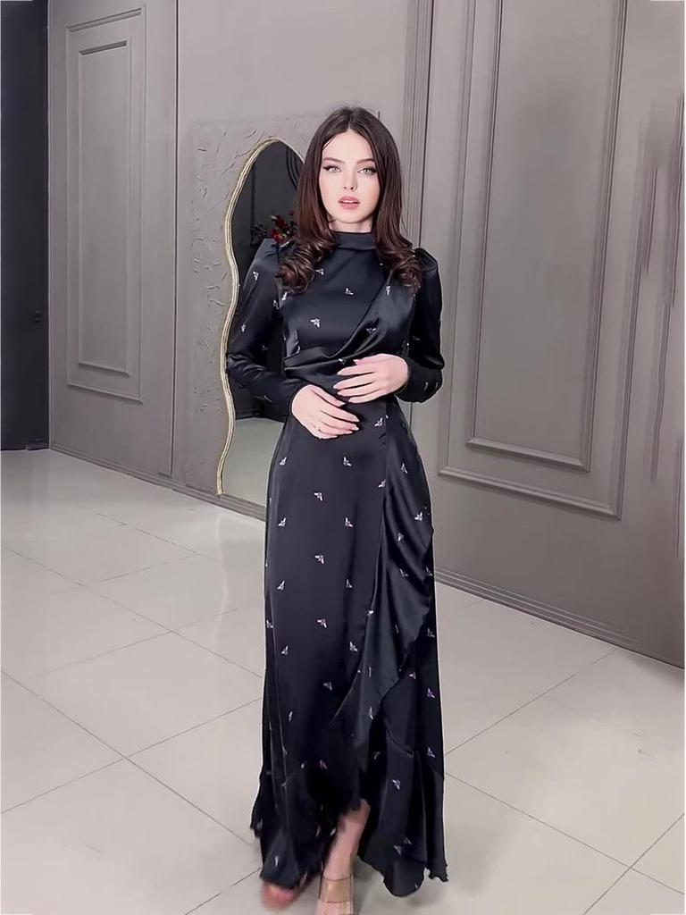 2024 Spring European & American Ruffle Print Slim Long-Sleeve Dress