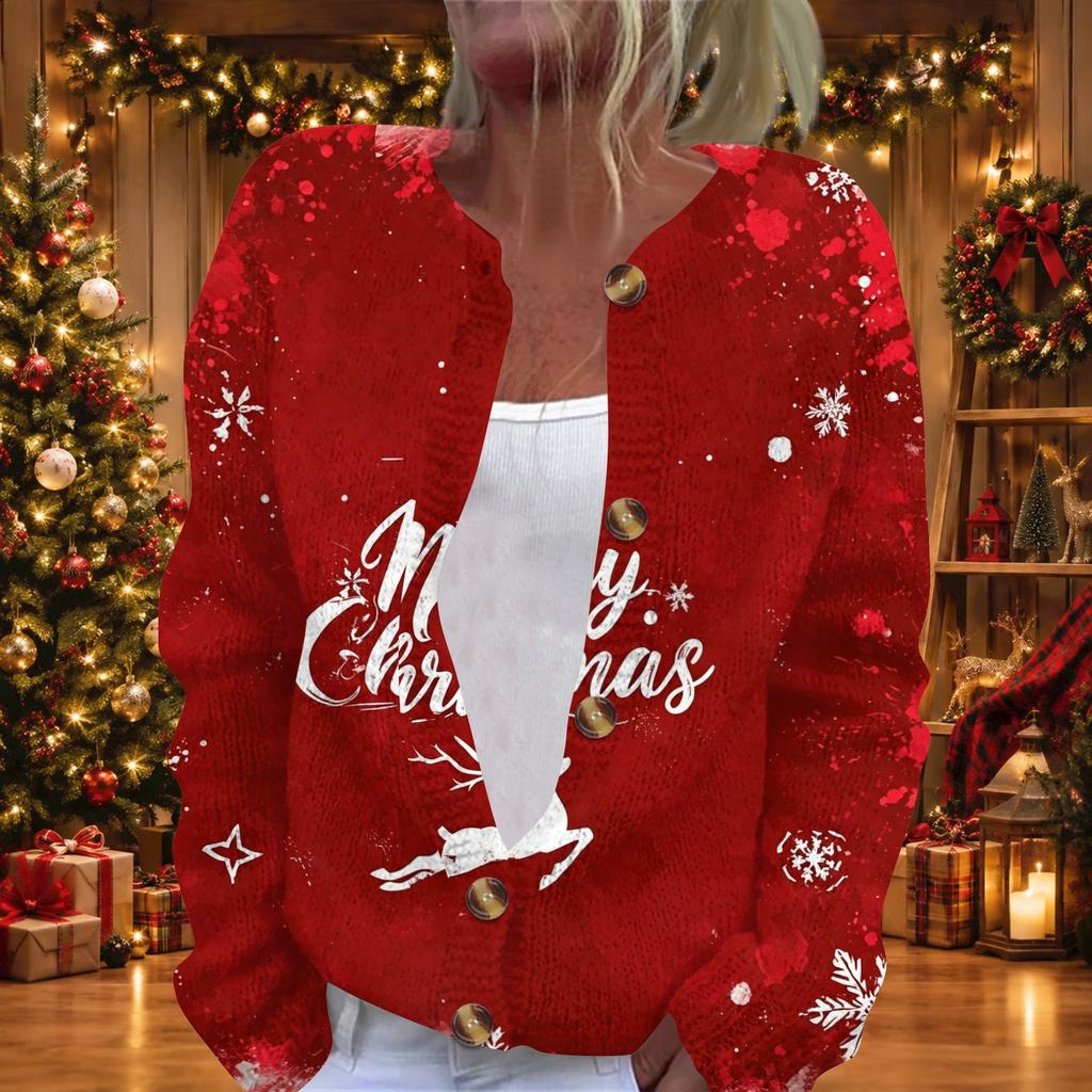 Women's Christmas Print Long Sleeve Knit Cardigan with Button Front