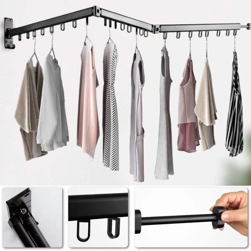 1 / 2 / 3 Section Folding Clothes Hanger Saving Laundry Organizer Telescopic Drying Clothing Rack Bar Space 100kg Wall Mounted