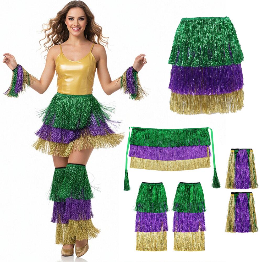 Carnival Fringe Skirt Brazilian Samba Dress Purple Gold Green Belly Dance Performance Skirt Fringed Festival Dance Party Costume