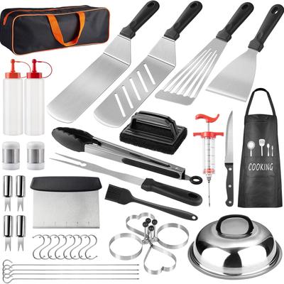 38-teiliges Grillplatten-Zubehör-Set, Professionelles BBQ-Grillwerkzeug-Set mit Edelstahl-Spatel, Zange, Schaber & Spritzschutzhauben