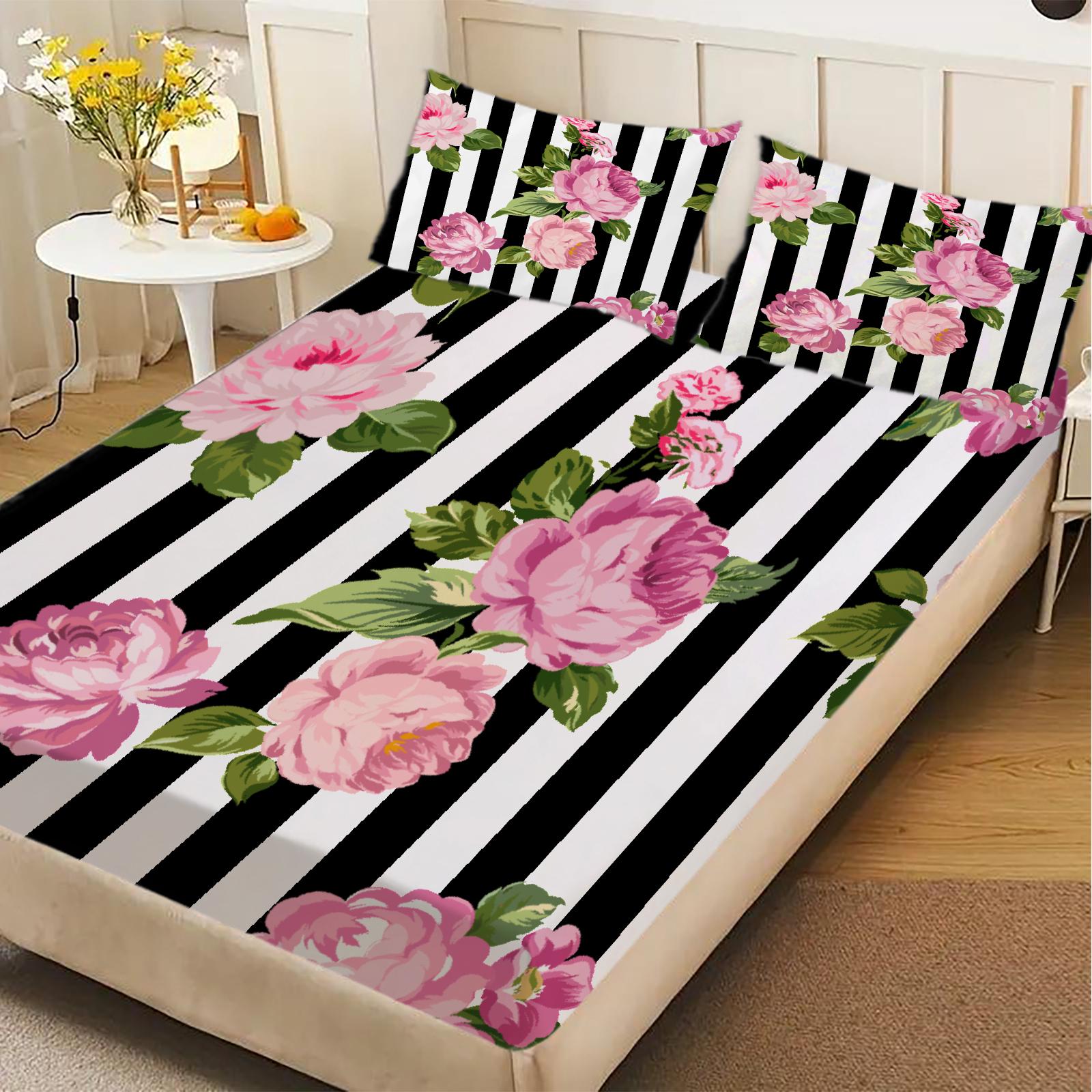

3pcs Fitted Sheet Set Black And White Stripes With Roses Easy Care Durable Bed Sheet With Pillowcases For Bedroom Decor 150x200x25cm