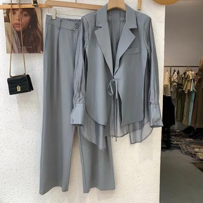 Summer Hollow Sun Protection Chiffon Shirt Blazer Wide Leg Pants Two Piece Set Elegant Women's Pants Set Office Outfits