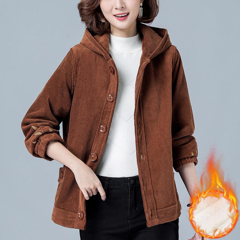 Pop Solid Color Spring Autumn Corduroy Jacket Women's Winter Outwear Velvet Thick Simple Loose Jacket Mother Hooded Warm