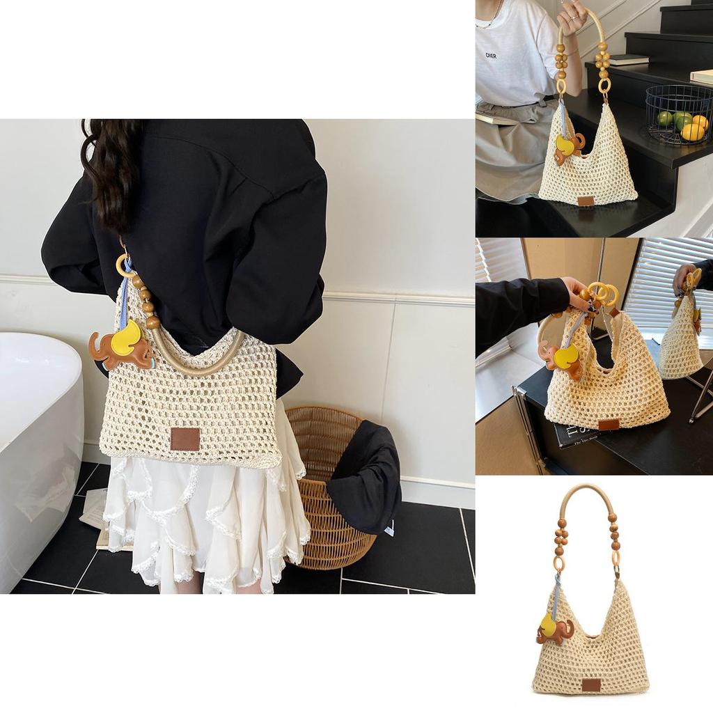Womens Casual Hollow Woven Large Tote With Crochet Elements And Inner Pouch For Weekend Outings