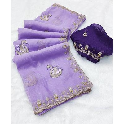 Crunchy Ciffon  Saree Flower Embroidered and Both Hand Moti Work & Diamond Work with Contrast Embroidery Blouse Piece.