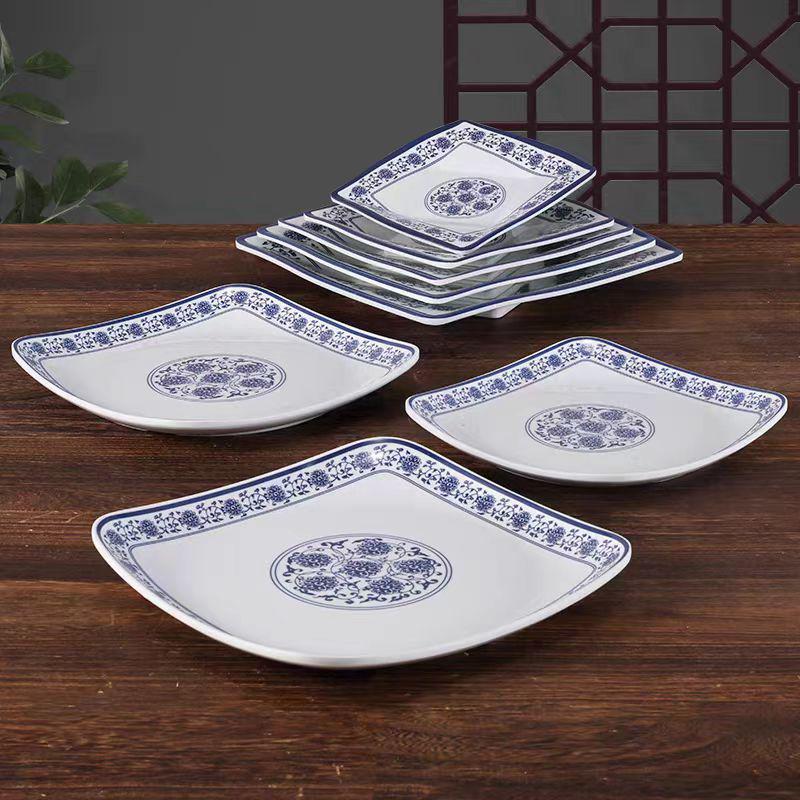 Melamine Blue & White Porcelain Square Plate for Hotels & Restaurants - Stir-Fry, Fast Food, Cold Dishes, Rice Bowl, Commercial Use.