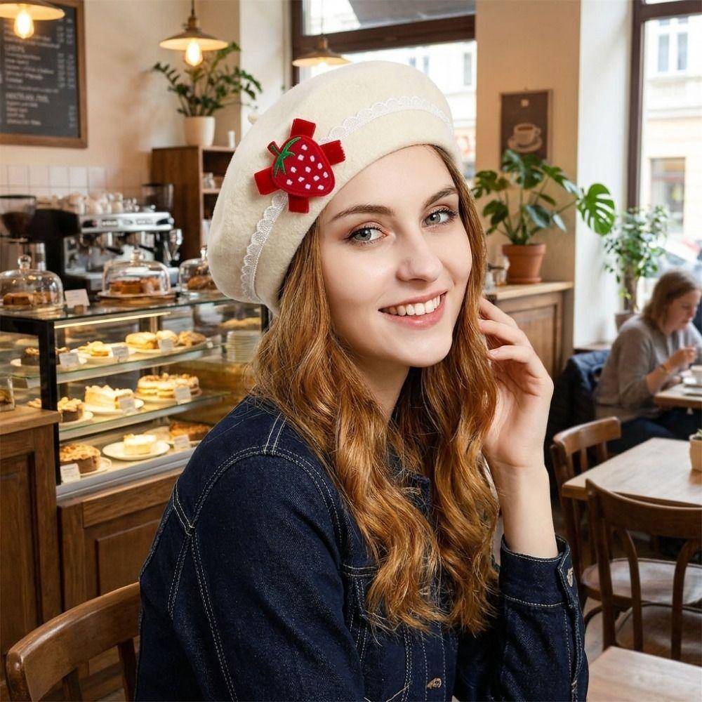 Solid Color Beret Hat Lace Edge Bow Beret Cute Wool Beret Daily Wear