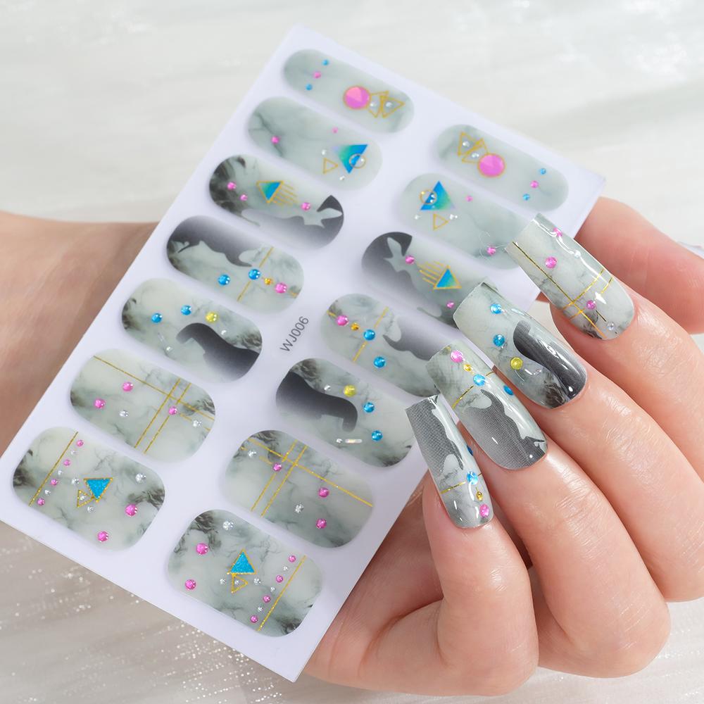 14 Tips/sheet Women Girls Full Cover Self-adhesive Nail Polish Stickers Baking Free Marble, Shell Pattern Nail Wrap Decals Decor