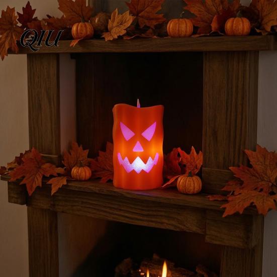 Battery Operated Spooky Candle Flameless Halloween with LED Light, Ghost Face Pumpkin Skull Design 3D Textured Safe Indoor Outdoor