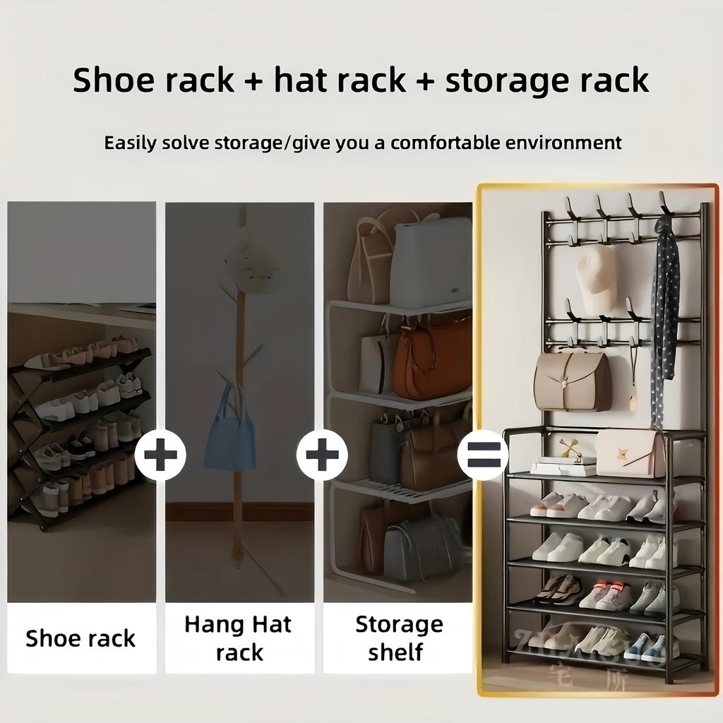 8 Hooks 4/5-layer Metal Frame Multi-Functional Shoe and Hat Rack | Space-Saving Large Capacity Storage, for Living Room, Entryway, or Corner Use