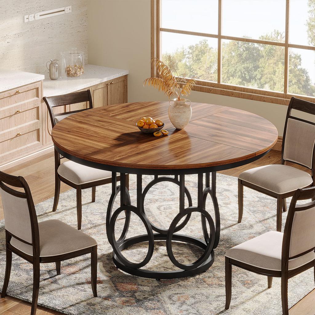Tribesigns Round Dining Table 120cm, Wooden Kitchen Table with Sturdy Metal Base for 4-6 People, Large Round Dining Table