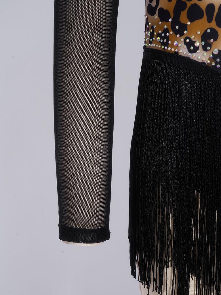 Children’s Latin Dance Competition Dress Leopard Print Fringe Long Sleeve Keyhole Back Mesh Patchwork Sparkling Rhinestone Tassel
