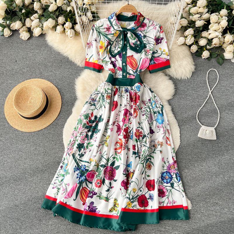 

Summer New Arrival Sweet Retro French Fashion Elegant Short Sleeve Bows Cinched Pleated Print Chiffon Dress White 2XL