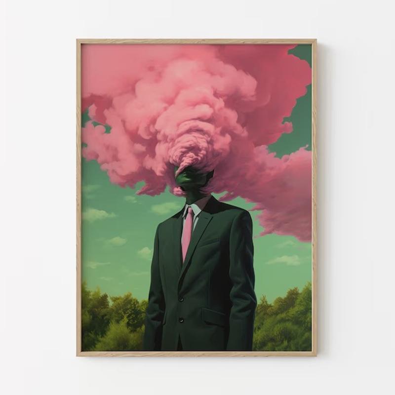 Head in The Clouds Retro Surreal Art, Surreal Cloud Art, Pink and Green Artwork, Surreal Wall Print, Trippy Wall Art Frameless 21X30CMNo Framed