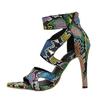 Large size shoes European and American snake pattern colored sandals stiletto rear zipper hollow sexy high heels