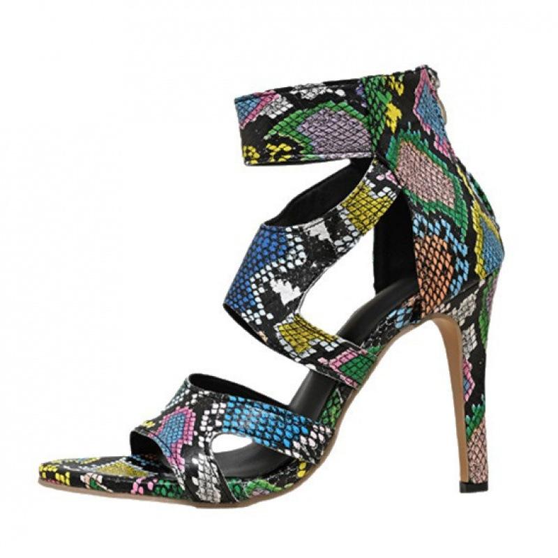 Large size shoes European and American snake pattern colored sandals stiletto rear zipper hollow sexy high heels