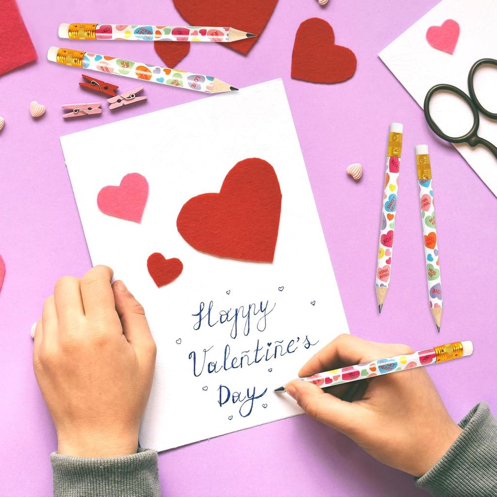 50Pcs Valentine's Day Short Pencil with Erasers 4 Inch Conversation Heart Writing Pencils 2 Styles Colorful Wood Half Pencils for Holiday School