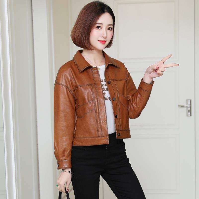 

Women s Lambskin Leather Motorcycle Jacket, Slim Fit, Short Style, Lapel Design, Ideal for Petite Sizes. L