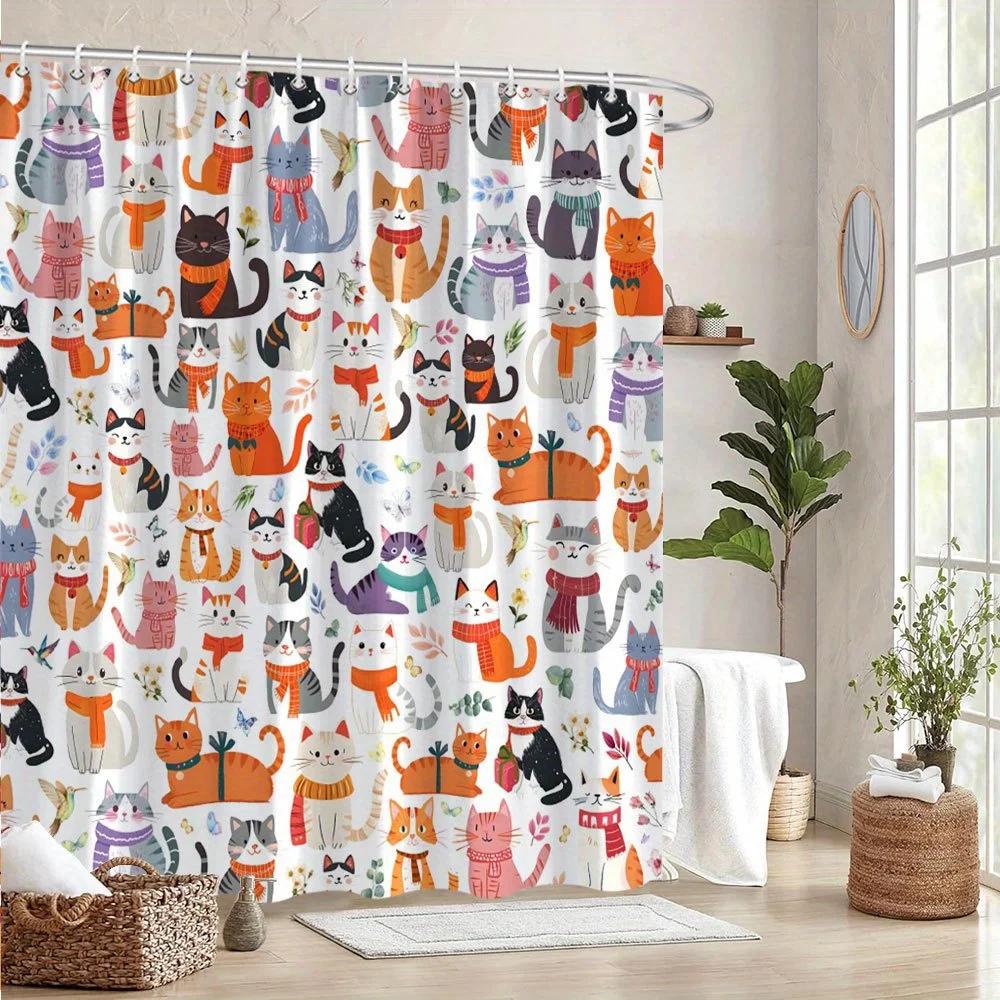 

Cartoon Cat Curtain - Winter Cats in Scarves & Hats, Colorful Design, Polyester, 12 Hooks, Machine Washable, Lively Bath Decor W90xH180cm