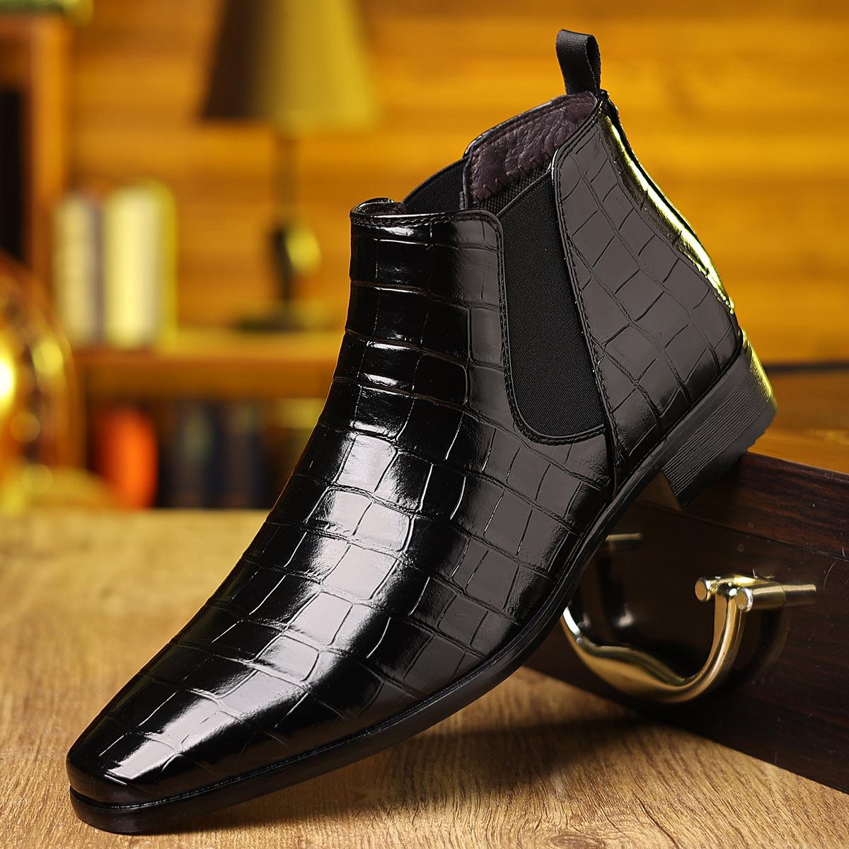 

Men Boots Plus Size Chelsea Boots High Top Pointed Toe Leather Shoes Platform Slip on Dress Shoes Designer Business Ankle Boots 39 чёрный