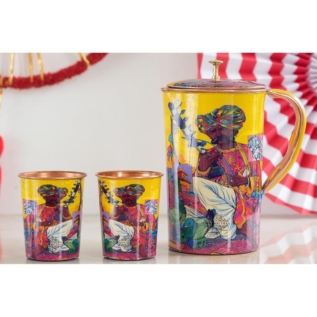 Meena Padharo Mhare Desh Theme Copper Gift Set of 1 Jug & 2 Glass - Perfect for Home, Office, and Gifting, Jug-1.5 Litre & Glass-270 ML Each