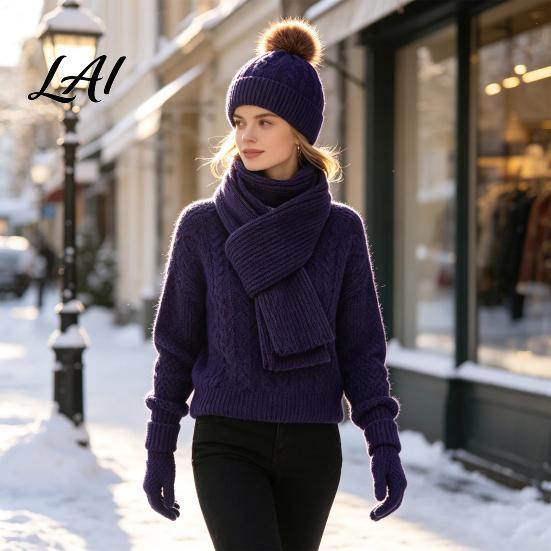 Thickened Thermal Accessories for Women Winter Hat Scarf Gloves Set Knitted Pom Warm Cute Gloves Solid Color Cozy Knit Men Cold Weather Autumn