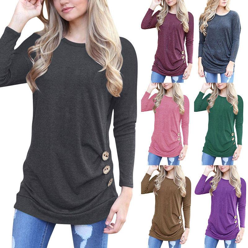 Stylish Long-sleeve Button Detail T-shirt For Women In Various Colors And Sizes