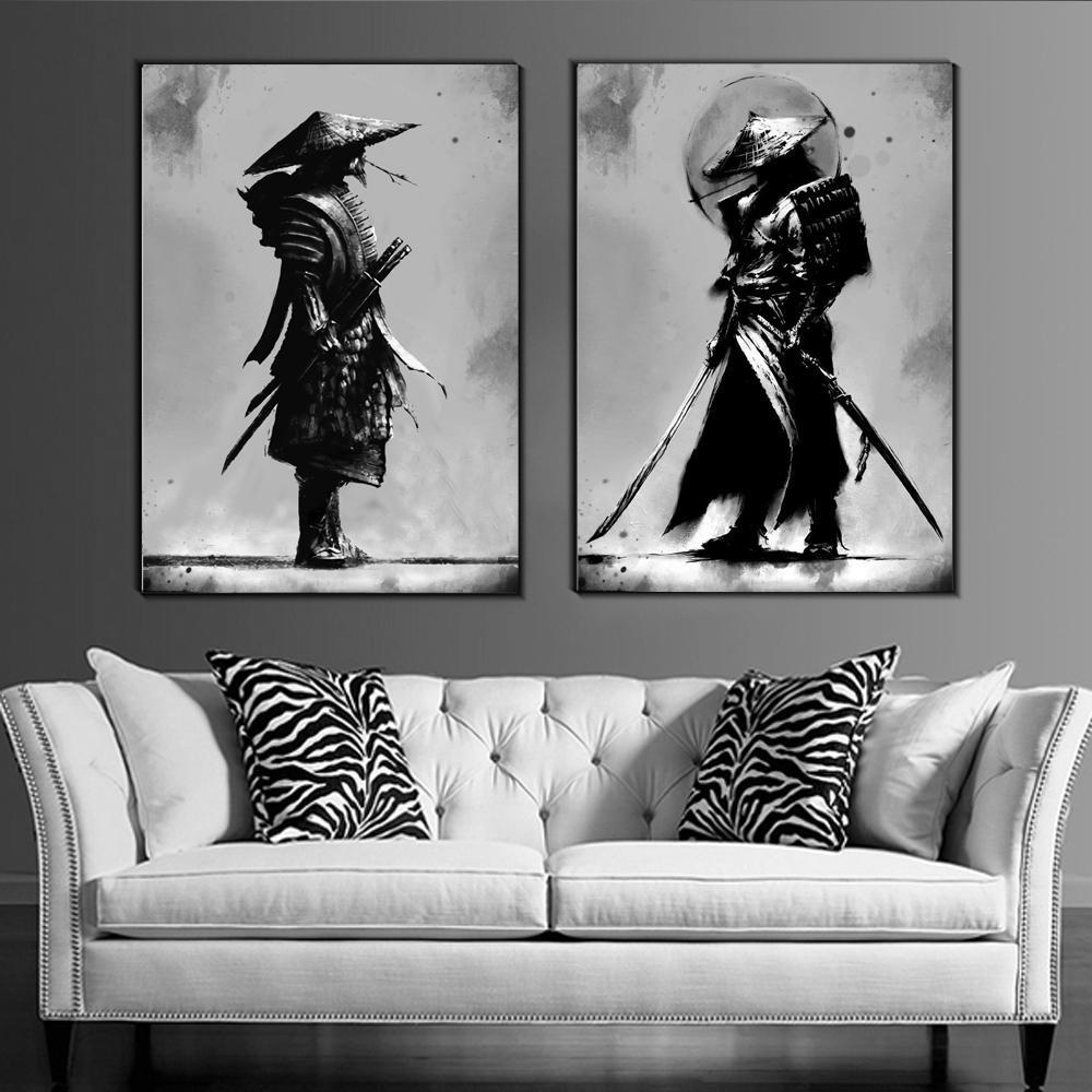 Black and White Japan Samurai Portrait Wall Art Canvas Painting Japanese Warriors Wall Mural Canvas Posters for Living Room Bedroom No Frame