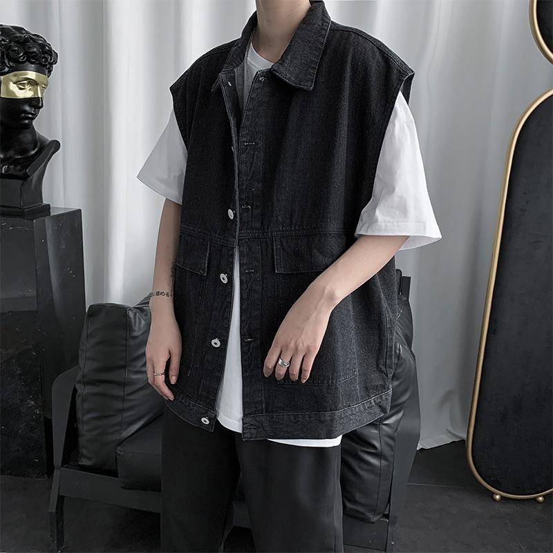 Väst Denimjacka Jacka Herr Vår och Höst Trend Koreansk Stil Lös Bf Stil Ärmlös Verktygsväst Väst