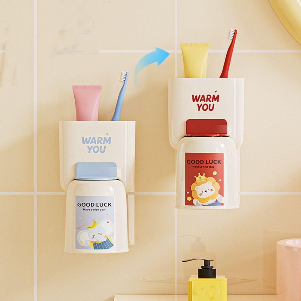Punch-Free Wall Mounted Toothbrush Holder Cute Mouthwash Cup Hanger Bathroom Storage Set  Bathroom