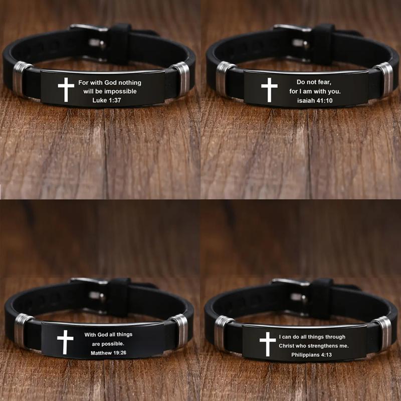 Cross Jesus Scripture Quote Bracelet Christian Bible Verse Stainless Steel Bracelets Silicone Wristband Men Women Jewelry Gift
