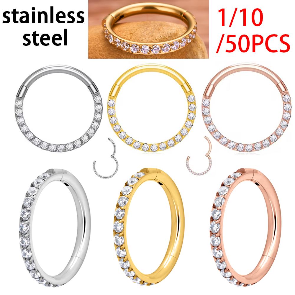 1/10PCS Stainless Steel Nose Ring Septum Clicker Hoop Earrings For Women Piercing Body Jewelry Lip Ring Zircon Hinged Segment