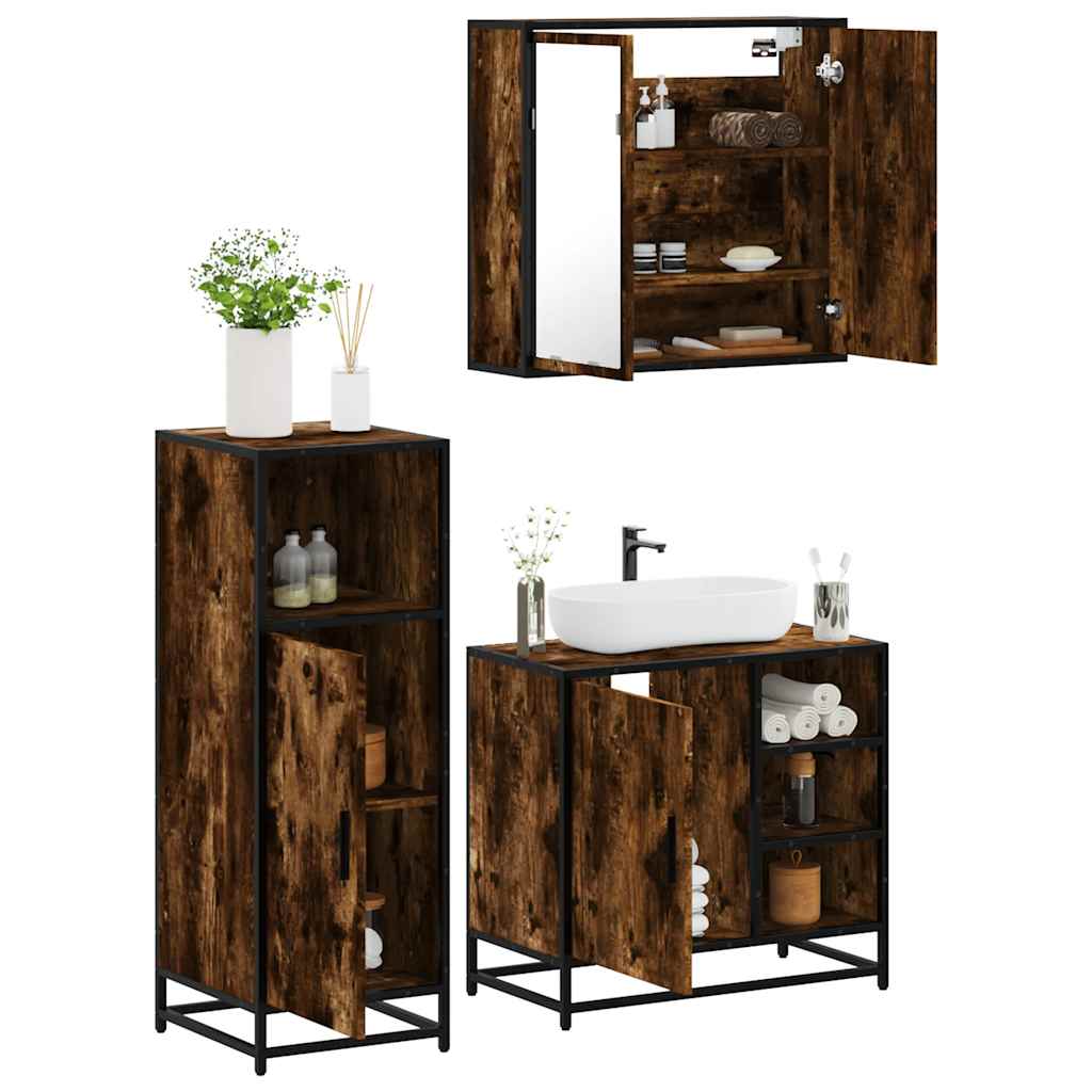 3 Piece Bathroom Furniture Set Smoked Oak Wood Based Material