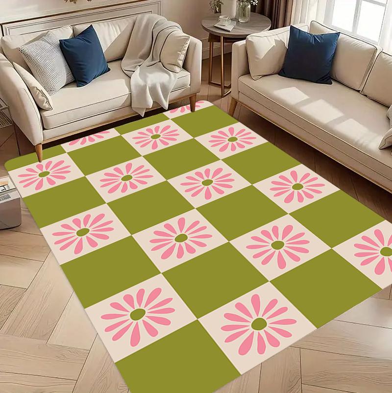 Grid Floral Carpet Mat Rug Home Decoration Living Room Bedroom Floor Decor Pastel Style Non Slip Rugs Living Room Decoration