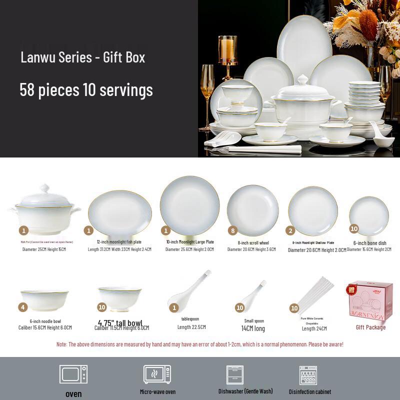 Mornenjoy Jingdezhen 58-elementowy zestaw ceramicznej zastawy stołowej - Seria Jinghongyun Lanwu