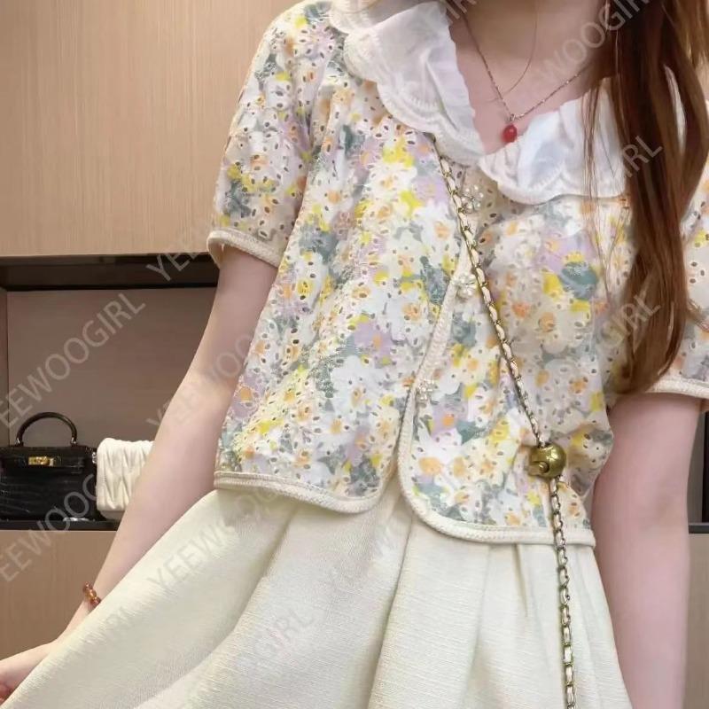 Completo Top Floreale Ricamato e Gonna Pieghettata Modello Lungo Outfit Fresco e Dolce con Gonna Pieghettata