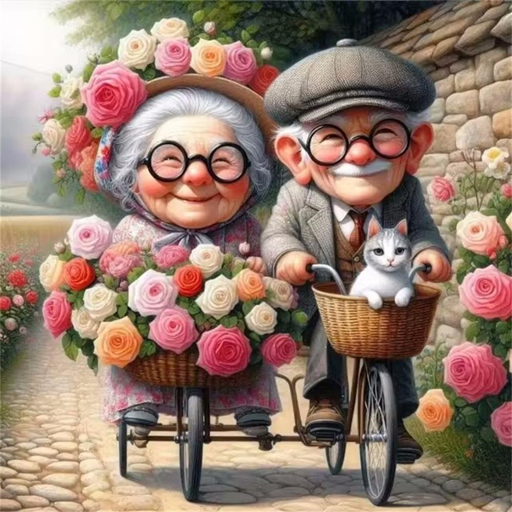 Cartoon Happy Old Couple 5D Full Round Diamond Painting Kits, Cute Grandma and Grandpa DIY Drills Mosaic Embroidery Cross-stitch