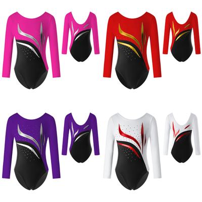 Children Girls Stylish Leotards Round Neckline Shiny Rhinestone Jumpsuit Gymnastics Skating Bodysuit