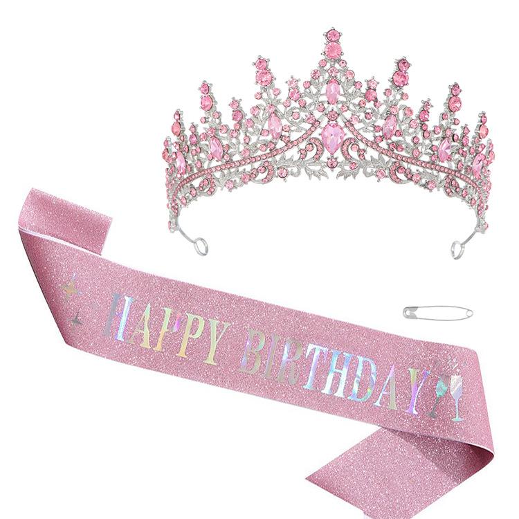 Birthday Queen Pink Crown Strap Set Birthday Queen Crystal Rhinestone Crown Party Accessories