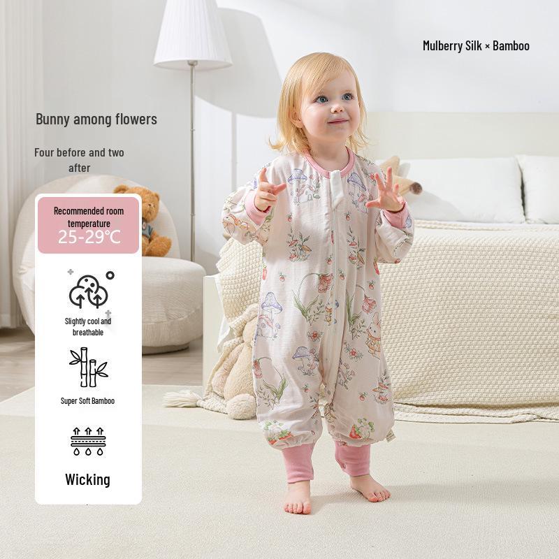 Baby Summer Bamboo Mulberry Silk Split-Leg Sleep Bag Pajamas with Full-Open Buttons 80 cm