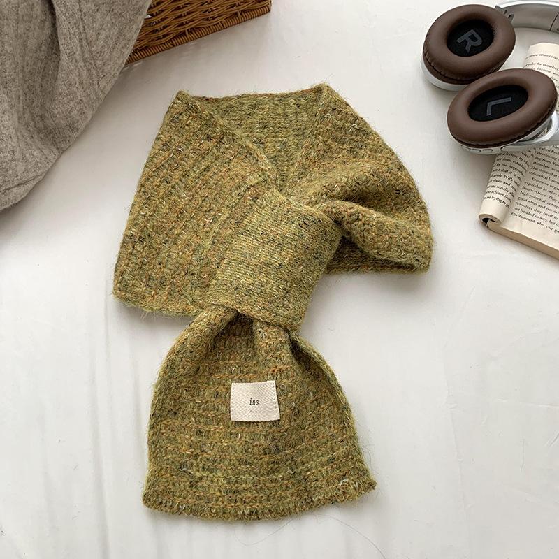 Autumn and Winter Scarf Women's New Solid Color Versatile Piercing Cross Warm Wool Knitted Scarf Small Scarf