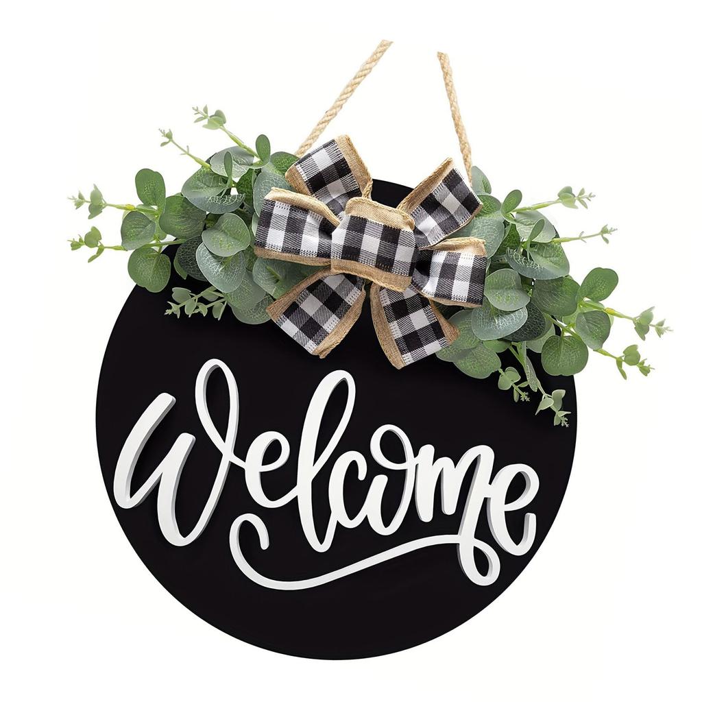 Welcome Door Sign Black Color Wreath Round Shape Hanging Welcome Doorplate for Home